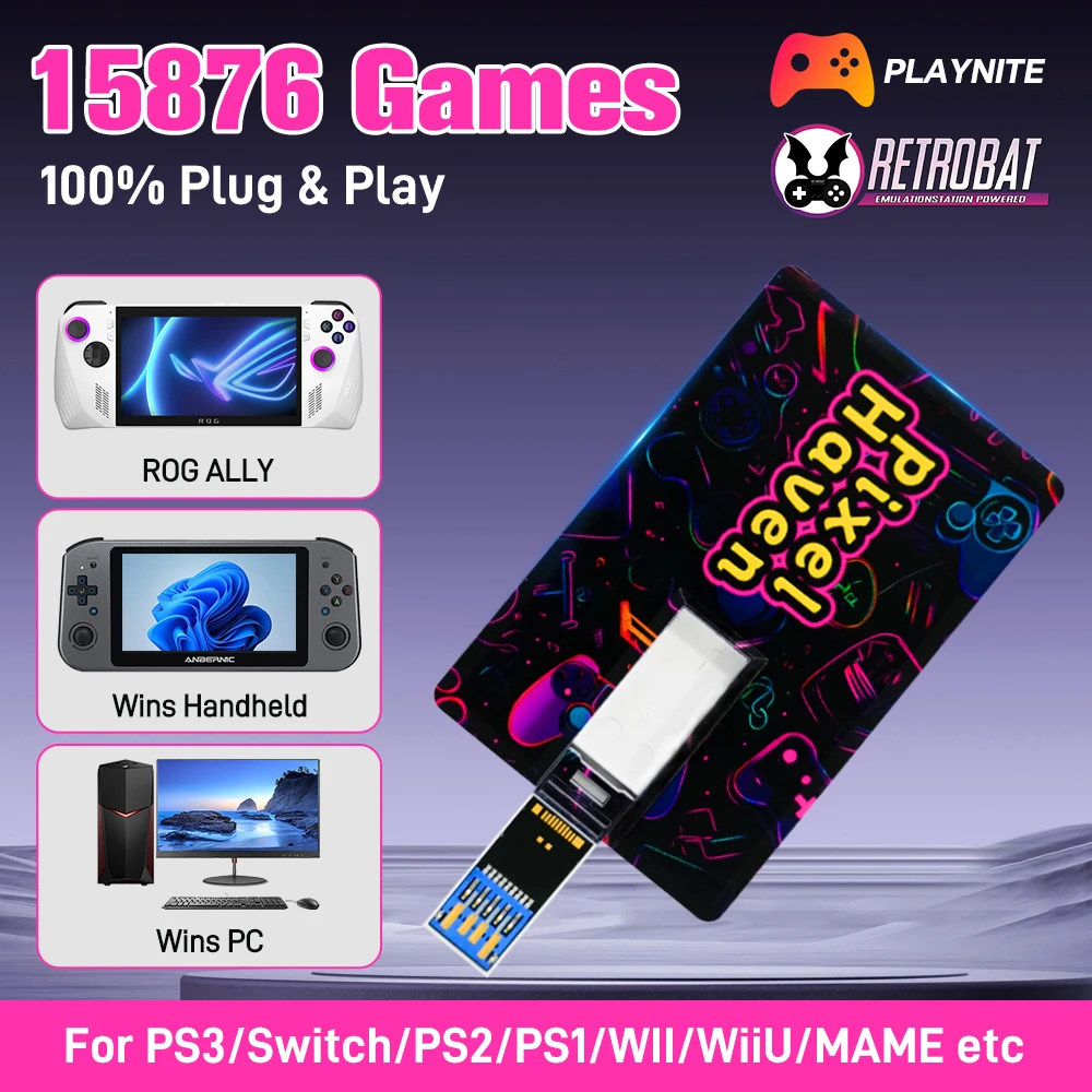 JMachen Pixel Haven Card U disque avec 15876 jeux Console de jeu vidéo rétro pour PS3/PS2/PS1/Switch/MAME/Wii pour Wins ordinateurs portables/PC