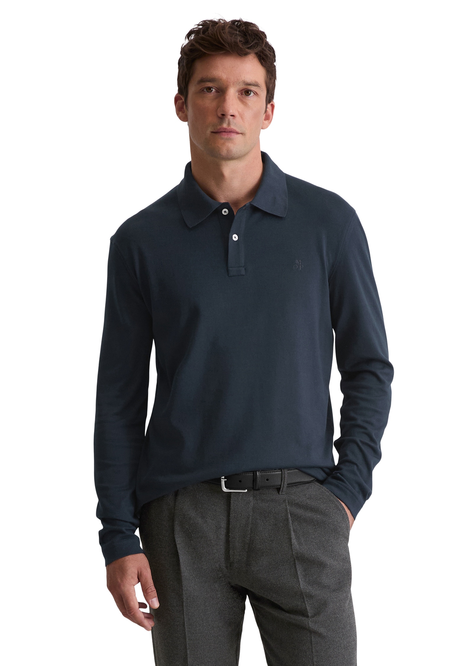 Langarm-Poloshirt MARC O'POLO "aus schwerem Bio-Baumwoll-Jersey", Herren, Gr. XL, schwarz navy, Obermaterial: 100% Baumwolle, unifarben, regular fit, normaler Saum, Shirts Image