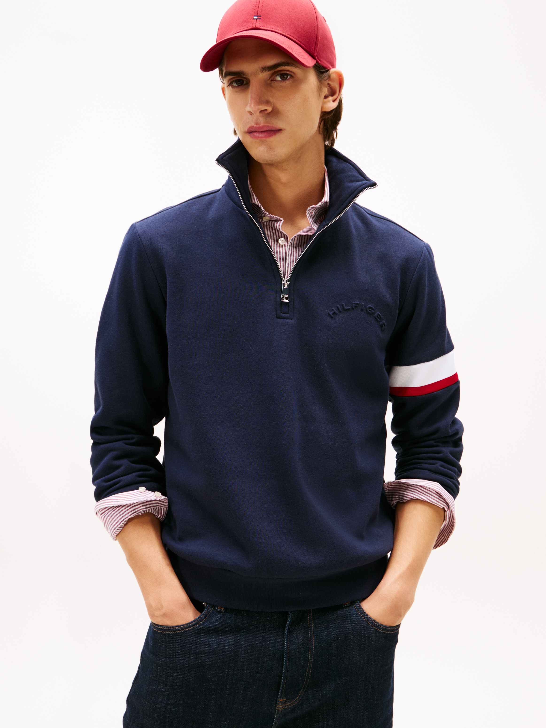 Sweatshirt TOMMY HILFIGER "RWB INSERT ZIP", Herren, Gr. XXL, desert sky, Sweatware, Obermaterial: 64% Baumwolle, 36% Polyester, unifarben mit Farbeinsatz, regular fit normal, Rundhals, eingesetzt Rippbündchen, Sweatshirts, Regular fit Image
