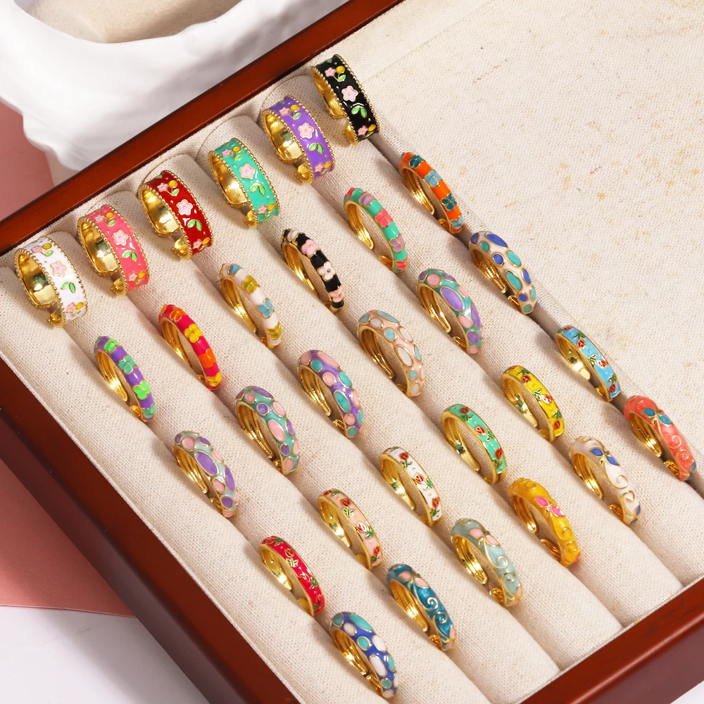 Ein Ring geeignet, 18 Karat vergoldet, Bohemian-Stil, bunt, Punktmuster, Emaille, offener Ring, Vintage, eleganter Charms-Schmuck für Damen Image