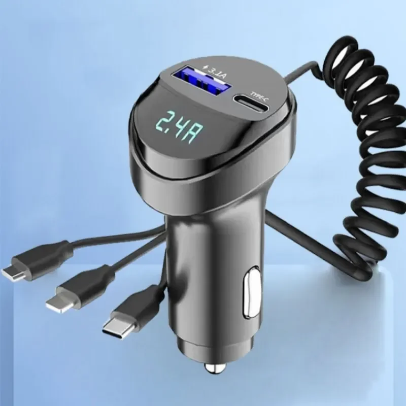 55 W 2-Port-USB-Autoladegerät mit Spannungsanzeige, schnelles Aufladen, 3,1 A einziehbares Kabel, Drei-in-Eins-Design für iPhone, Samsung Image
