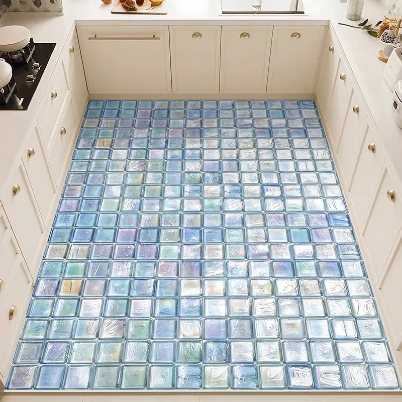 Kitchen Carpet Non-slip Waterproof and Oil-proof Floor Mat Imitation Tile Texture PVC Leather Rug Large Size Home Decoration Mat