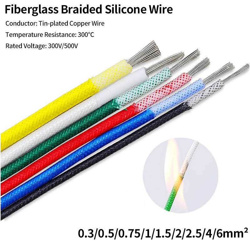 5 m/30 m Silikondraht, hochtemperaturbeständig, 300 ° C Weiches, geflochtenes, isoliertes Kupferkabel mit warmem Bodenheizelement aus Fiberglas Image