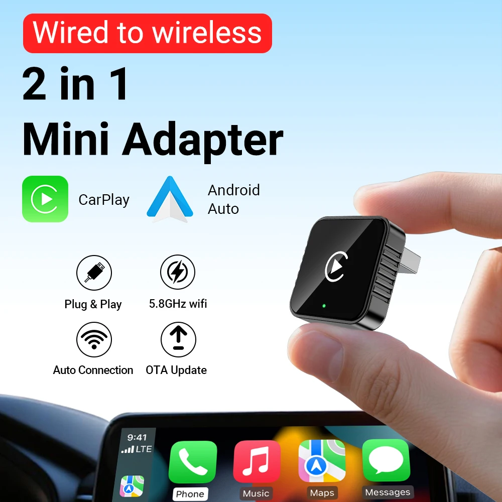XUDA 2-in-1-AI-Box-Mini-Adapter, verkabelt mit kabellosem Carplay und Android Auto, kompatibel mit 99 % von Autos, Plug-and-Play-WLAN-Smart-Dong Image