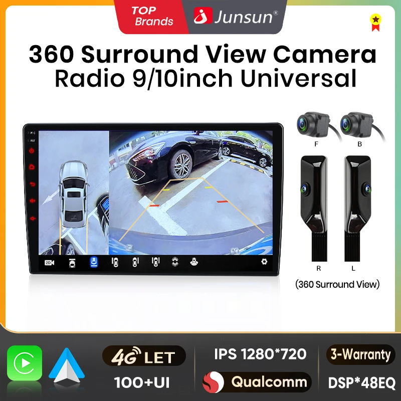 Junsun Qualcomm Autoradio 360 View Camera Wireless CarPlay per Apple Android Auto Stereo universale Autoradio 4G GPS RDS WiFi BT