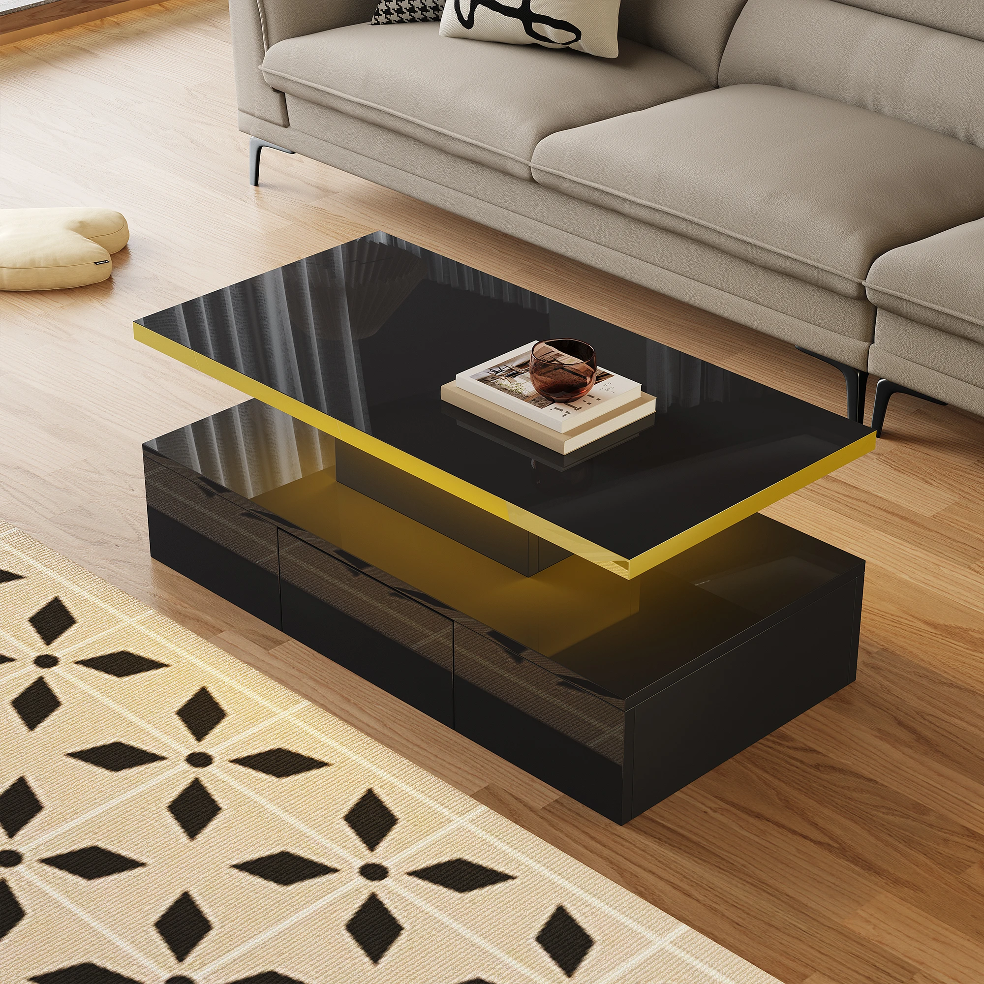 Anajqaqia 100×50×38,5 cm Moderne Couchtische, Tisch mit 1 Schubladen und LED-Licht, Beistelltisch mit 2 Ablagen, Schwarz Image