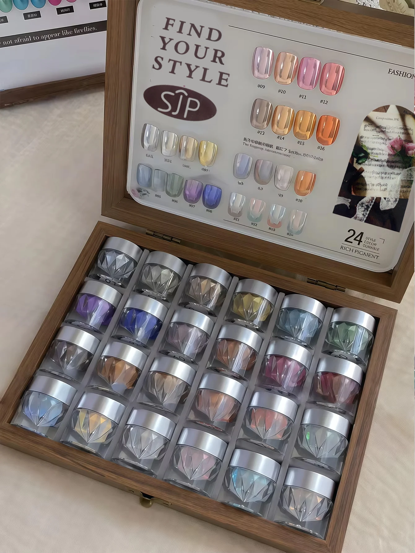 Nagelkunst-Pulverset mit leerer weißer Karte und Aufbewahrungsbox, hochwertiges 12/24-farbiges Moonlight Magic Mirror Pulver, ultrafeines Pulver. Image