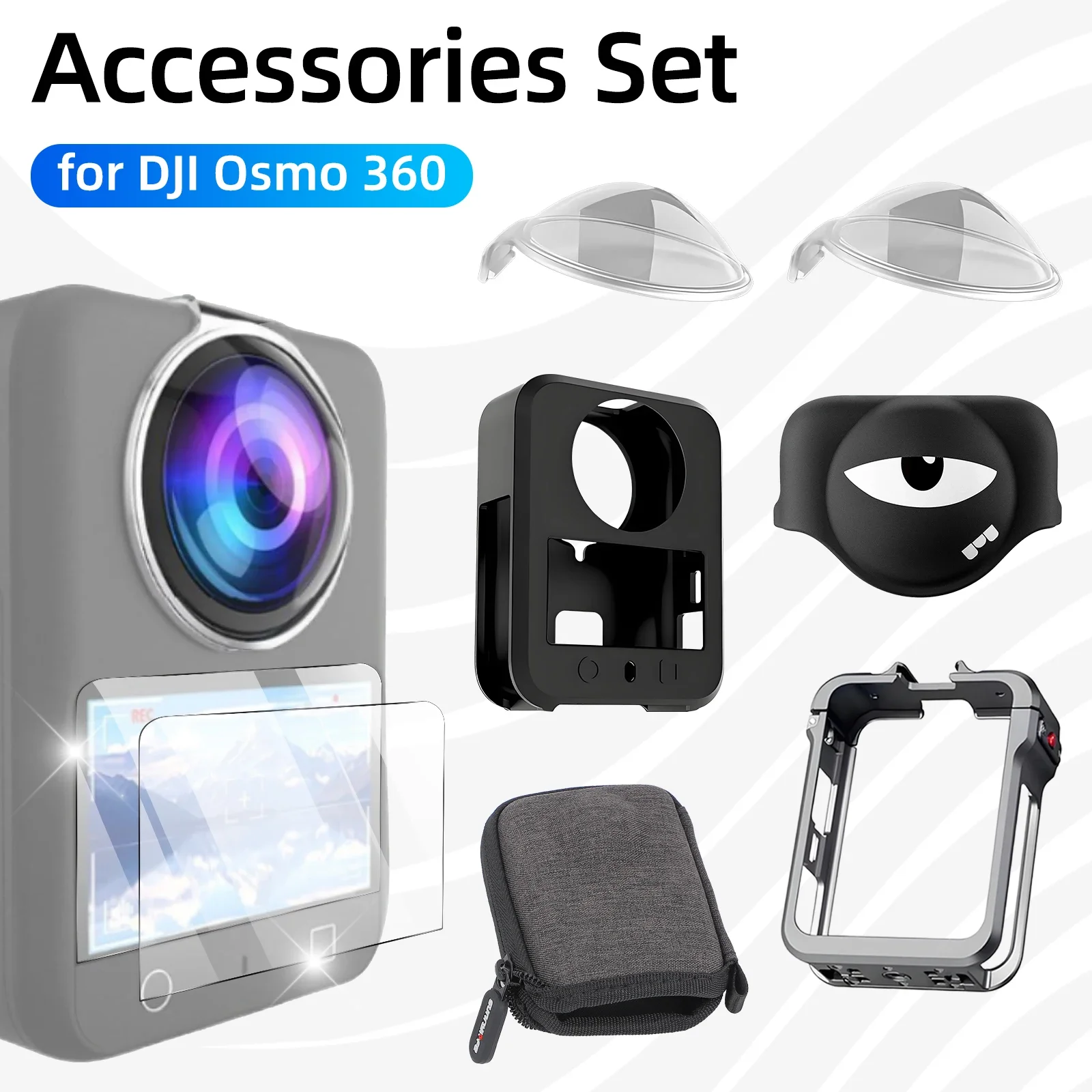 Zubehör-Set für DJI Osmo 360, Objektivschutz, Displayschutzfolie, Aufbewahrungstasche, Silikonhülle, Objektivdeckel, Schutzrahmen, Adapterbasis Image