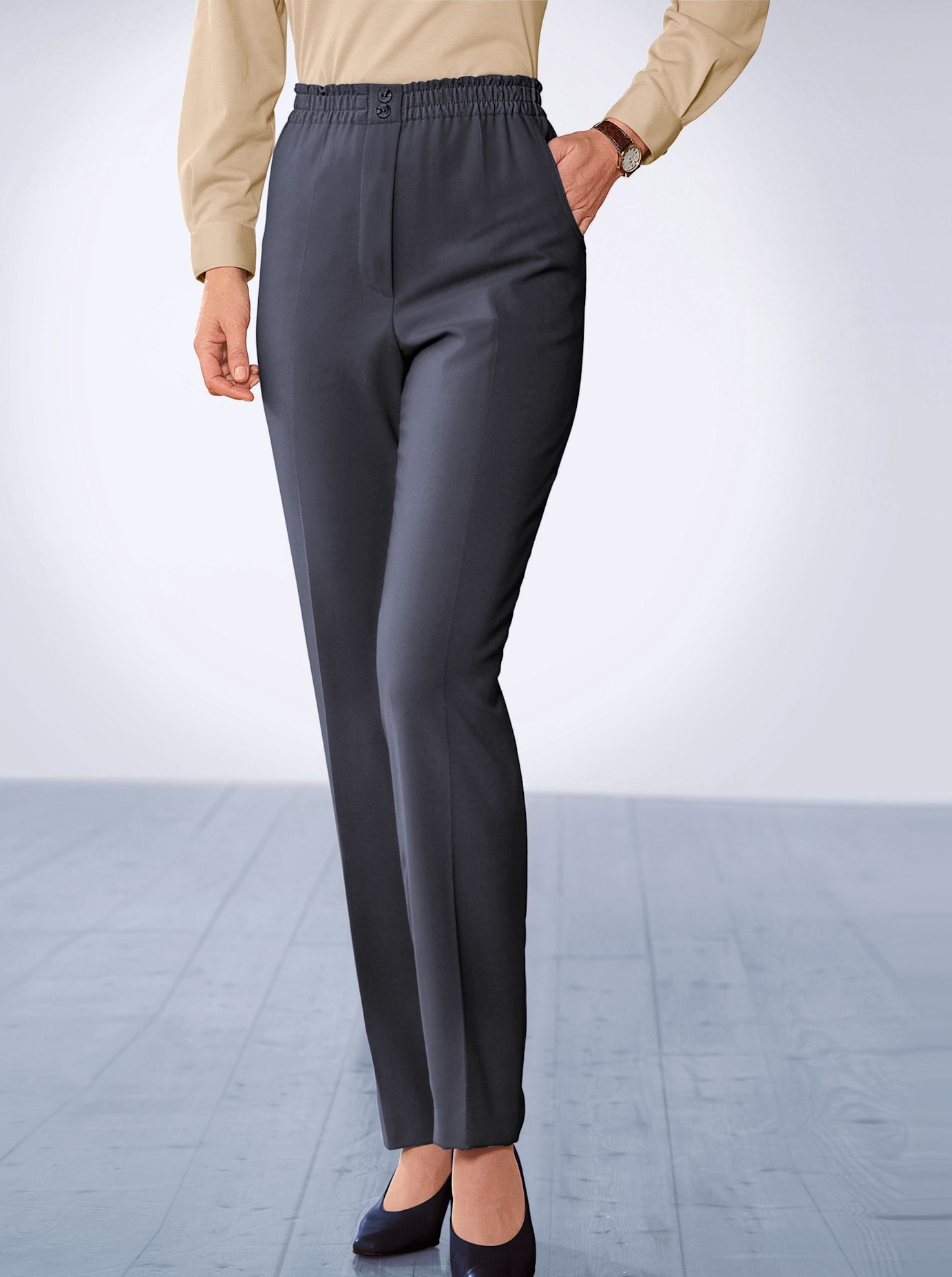 Schlupfhose CLASSIC BASICS, Damen, Gr. 215, Extrakurzgrößen, grau, 65% Baumwolle, 31% Polyester, 4% Elasthan, unifarben, lang, Hosen Image