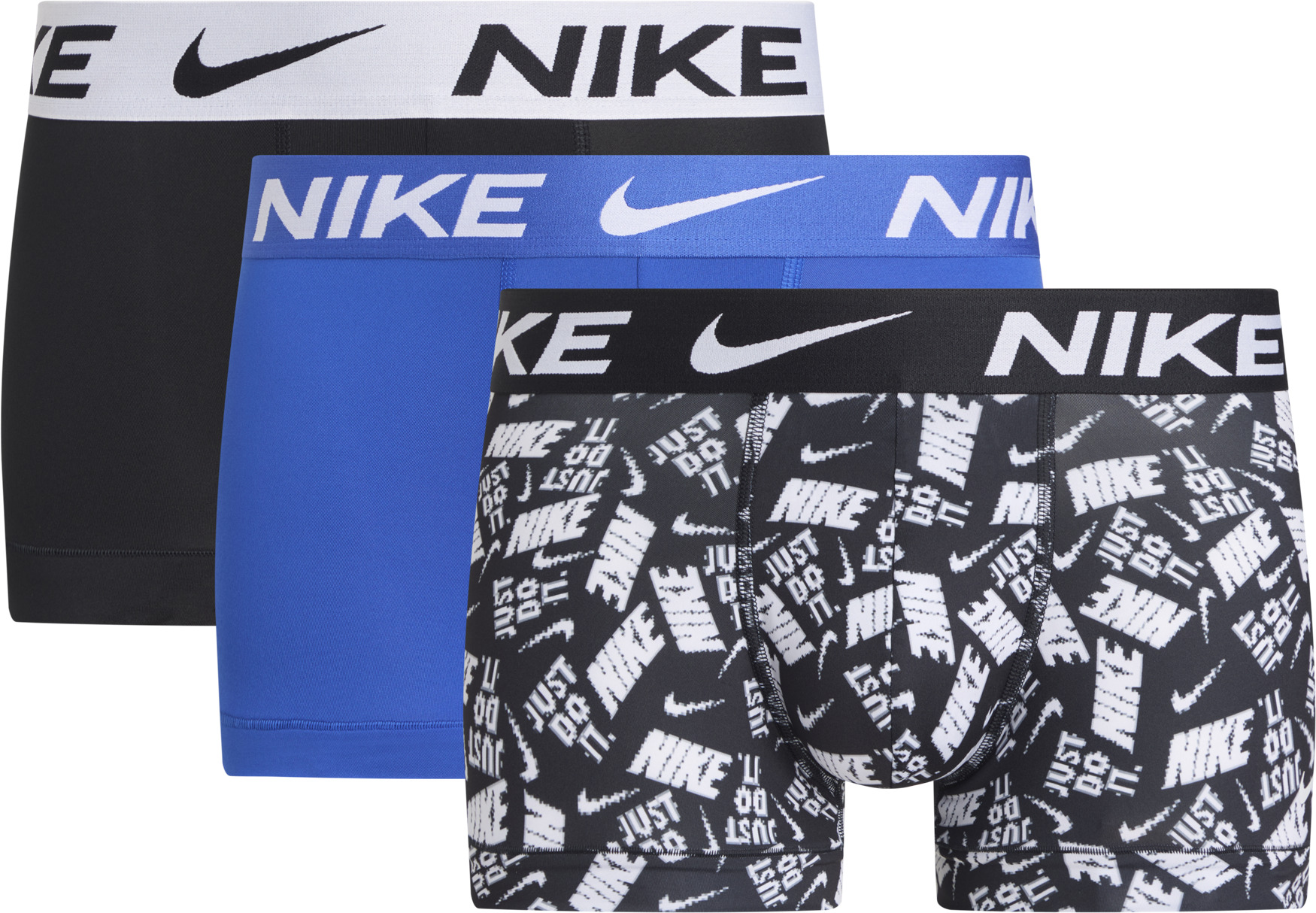Trunk NIKE UNDERWEAR "TRUNK 3PK", Herren, Gr. L, blk j d i print, gme ryal, blk wte wb, Jersey, Obermaterial: 92% Polyester, 8% Elasthan, bedruckt, kontrastfarbene Details, unifarben, körpernah, Unterhosen, mit NIKE Logo-Elastikbund Image