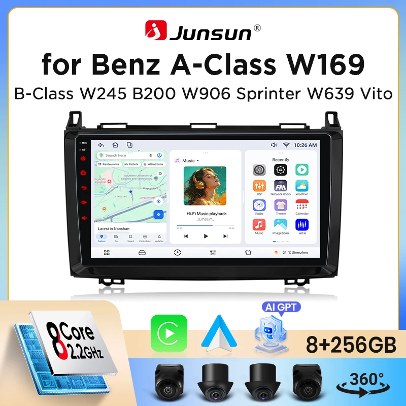 Junsun Wireless CarPlay Android Auto Autoradio für Mercedes-Benz A-Klasse (W169) / B-Klasse (W245) / Sprinter (W906) / Vito (W639) mit integriertem Lüfter, Android GPS Navigation, Multimedia Player, Image