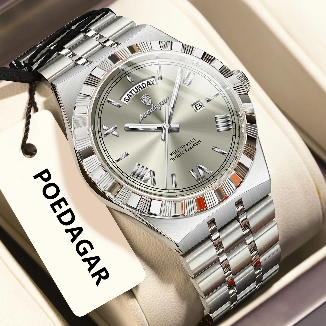 POEDAGAR Luxus Business Mann Uhr Woche Datum Wasserdicht Leuchtende Uhren Für Männer Edelstahl Quarz Mode männer Armbanduhr Image