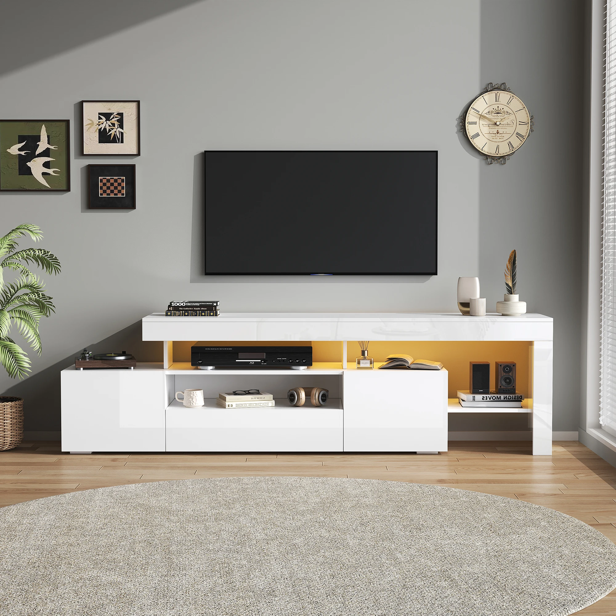 192 x 37 x 53 cm TV-Schrank mit 3 Schränken, TV-Ständer und TV-Schrank mit LED, Hochglanz-Lowboard und TV-Tisch, TV-Tisch und TV-Truhe