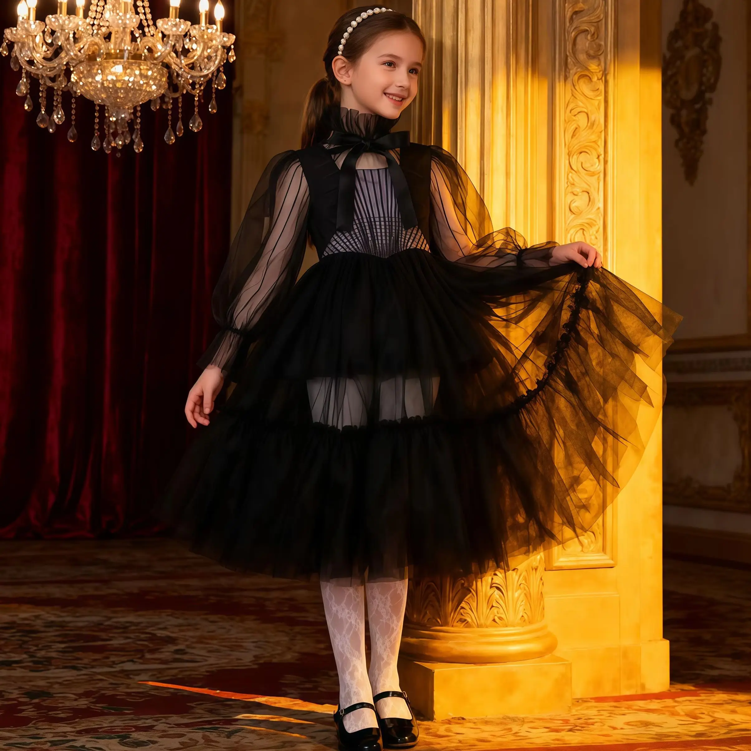 Mädchen Schwarz Tüll Rüschen Kleid Für Kinder Halloween Cosplay Kostüm Königin Hexe Rollenspiel Karneval Geburtstag Party Deluxe Outfit Image