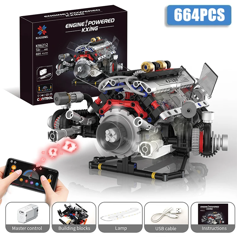 664Pcs Technische Auto Teil Baustein Die Motorisierte V8 Motor Modell Set Mit LED Licht Montage Ziegel Spielzeug Kinder Weihnachten geschenk Image