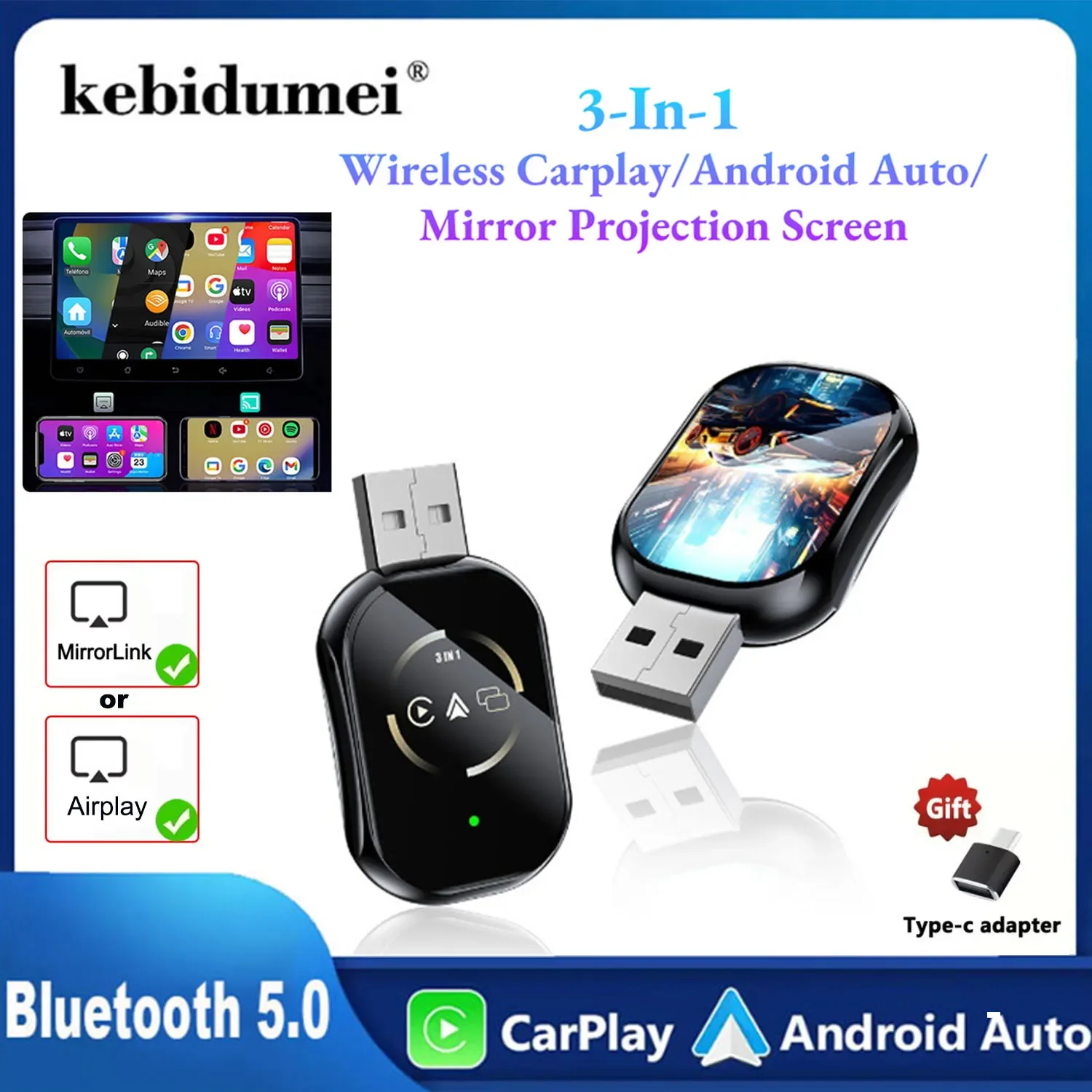 3-in-1 kabelgebundener kabelloser Carplay-Adapter für Airplay Android Auto MirrorLink Bluetooth + Wifi USB Dongle Car Ai Box für Audi Image