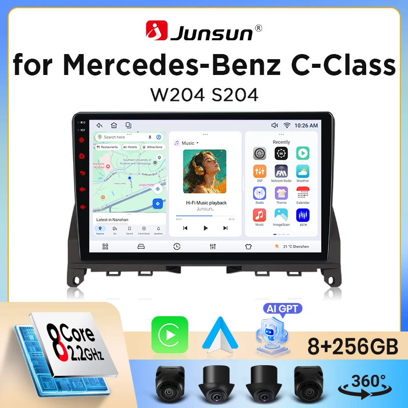 Junsun Wireless CarPlay Android Auto Autoradio für Mercedes-Benz C-Klasse (W204/S204) 2007-2014 mit integriertem Lüfter, Android GPS-Navigation, Multimedia-Player, WiFi, DSP, RDS, BT, SWC, Image