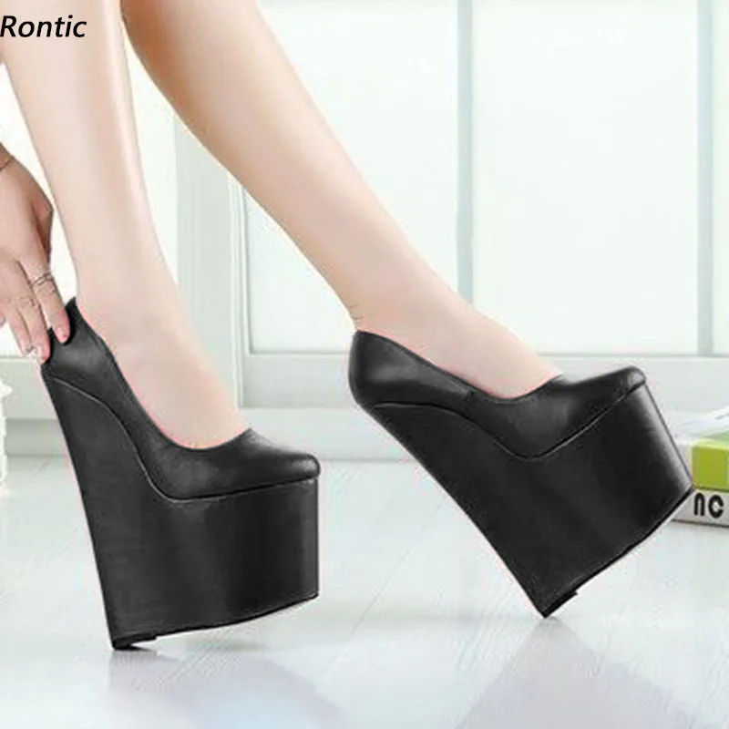 Rontic Neue handgemachte Damen-Plateau-Pumps mit Keilabsatz, runder Zehenbereich, hübsche schwarze Cosplay-Schuhe, US-Größe 4–15