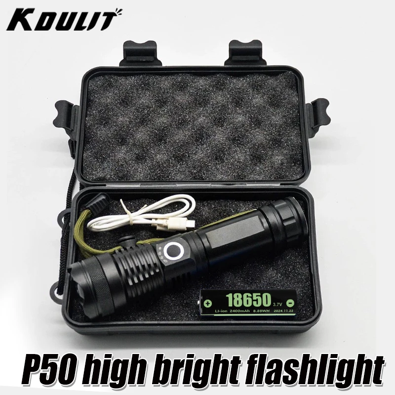 2000LM Taktische Taschenlampe, zoombar, über USB wiederaufladbar, IPX5 wasserdicht, Aluminiumlegierung, für Camping, Jagd, Angeln, Notfall Image