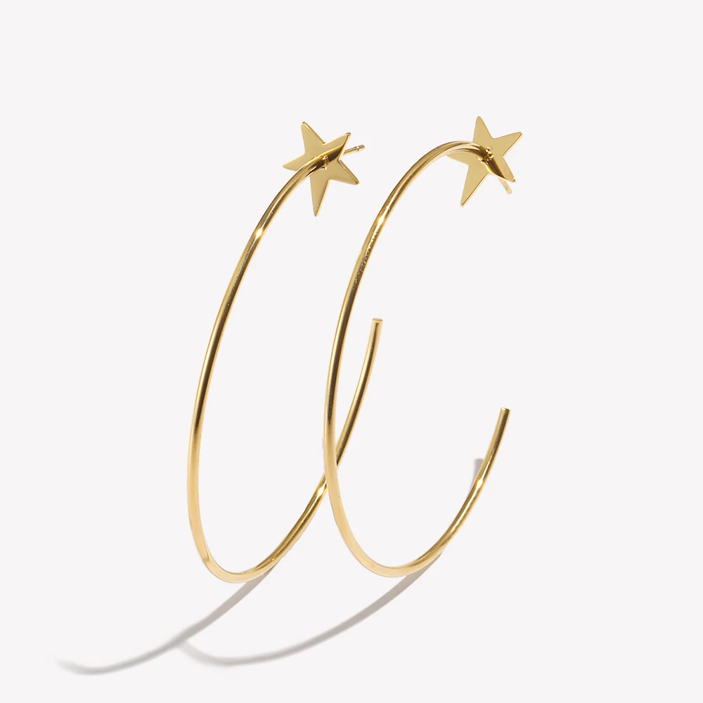 18K Gold Überzogene Edelstahl Große Stern Hoop Ohrringe Für Frau Hypoallergen Pentagramm Dünne Große Runde Schleife Ohrringe Schmuck