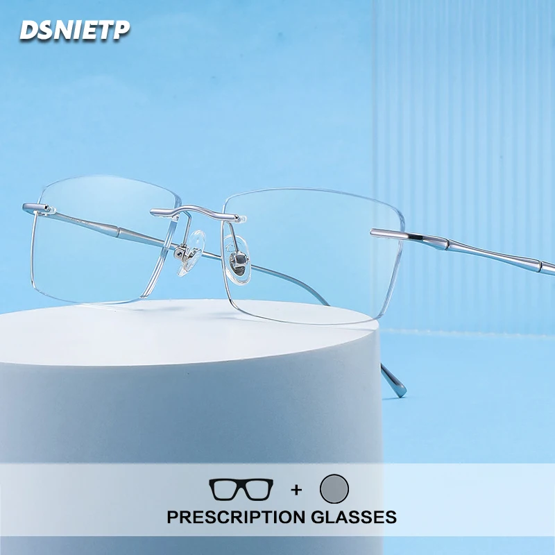 Reinem Titan Rahmenlose Lesebrille Männer Anti Blau Licht Rezept Randlose Brille Frauen Photochrome Progressive Brillen Image