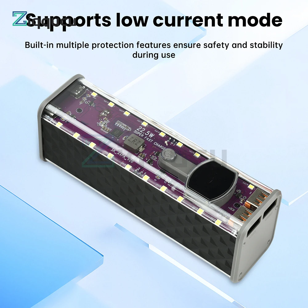 Tragbares Powerbank-Gehäuse, DIY-Kit, 22,5 W, transparentes Gehäuse, Gehäuse für 18650-Batterien, lötfrei, unterstützt den Low-Current-Modus Image