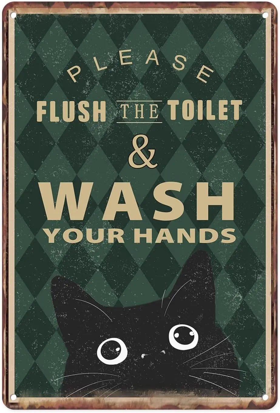 Britimes Please Flush the Toilet Wash Your Hand Vintage Metallblechschilder, schwarze Katze Retro grün lustiges Schild für Zuhause, Badezimmer, To Image