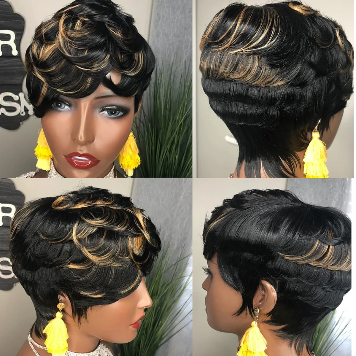 Wigera synthetisches Highlight billig Ombre schwarz blond Gold kurz gerade Pixie Cut Haar Bob Perücke mit lockigen Pony Haar für Frauen