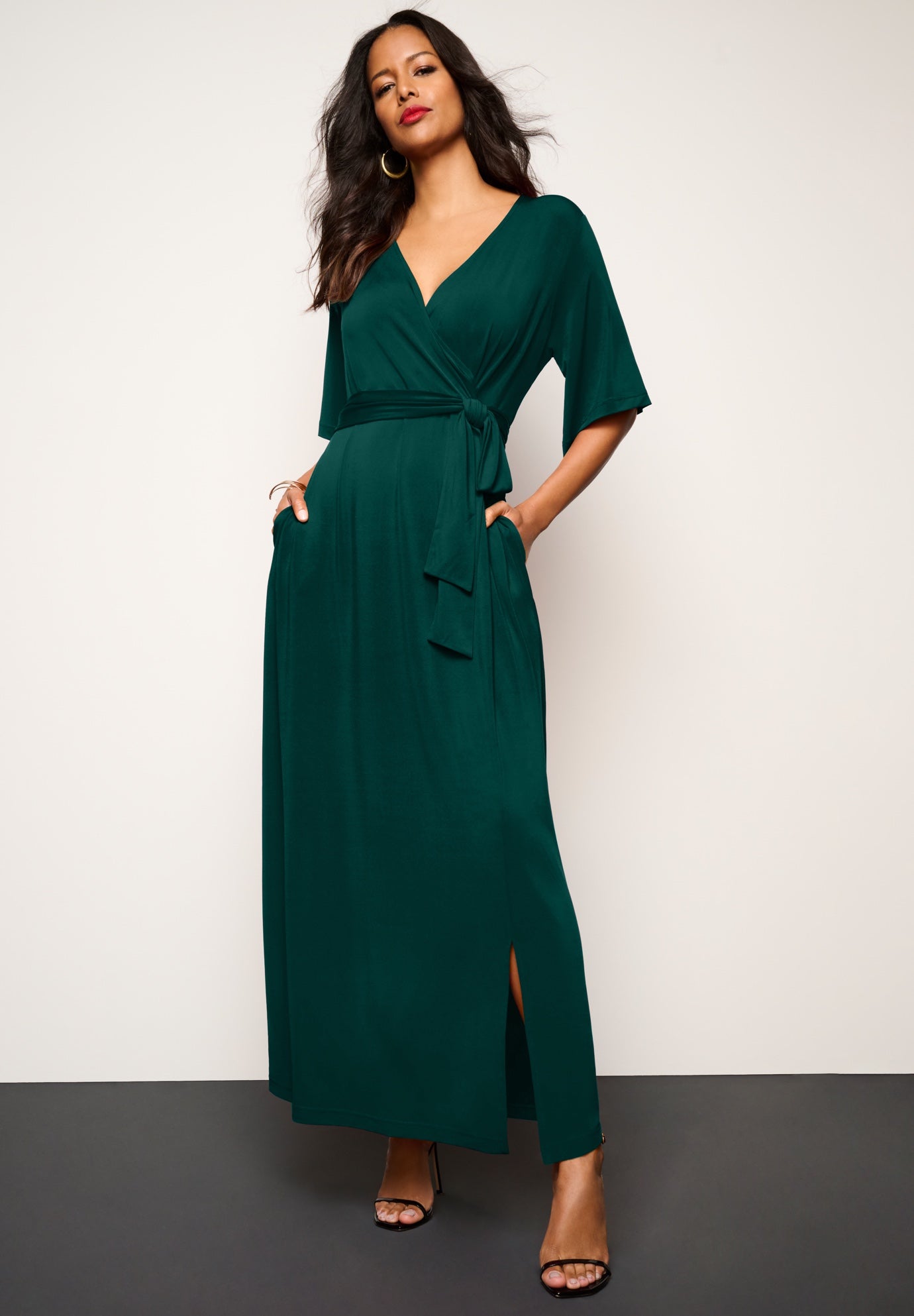 Plus Size Women's Plus Size Flutter Sleeve Wrap Maxi Dress by Roaman's in Emerald Green (Size 22/24)