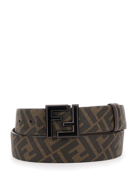 Belt With Metallic Ff Logo Plaque On The Front And Ff Motif - Gray - Fendi Belts