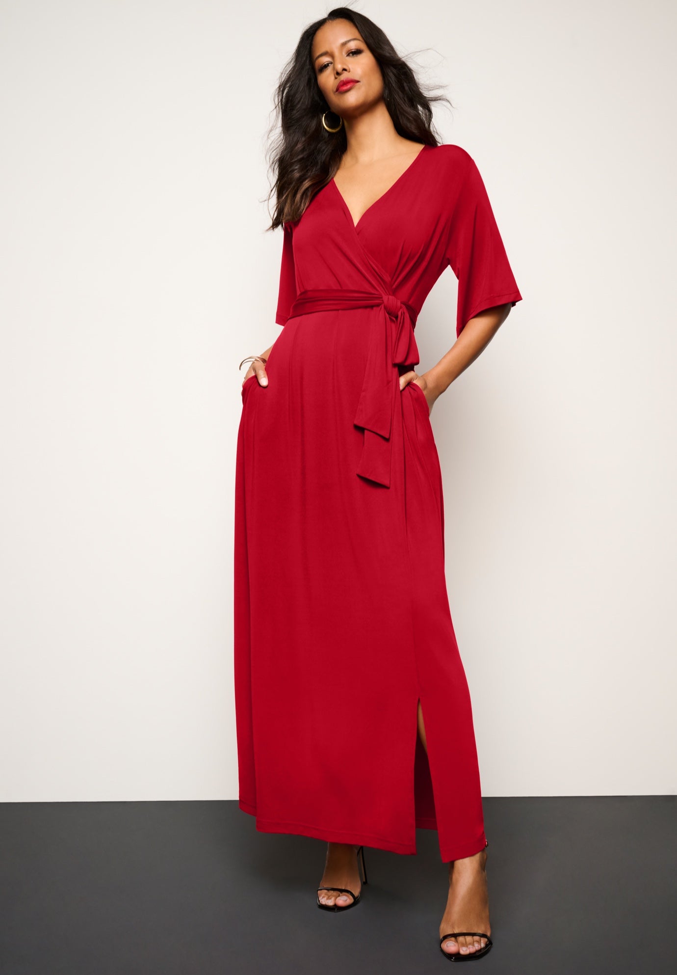 Plus Size Women's Plus Size Flutter Sleeve Wrap Maxi Dress by Roaman's in Classic Red (Size 34/36)