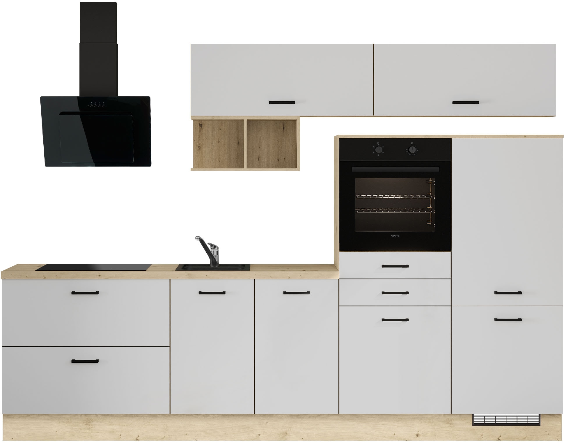 Küchenzeile IMPULS KÜCHEN ""München", Ausrichtung wählbar, Schubkästen mit Soft-Close", küche: weiß, front: weiß, korpus: eiche, nachbildung hell, arbeitsplatte: eiche, nachbildung hell, B:300cm H:213,4cm T:60cm, Komplettküchen-Sets, vormontiert,...