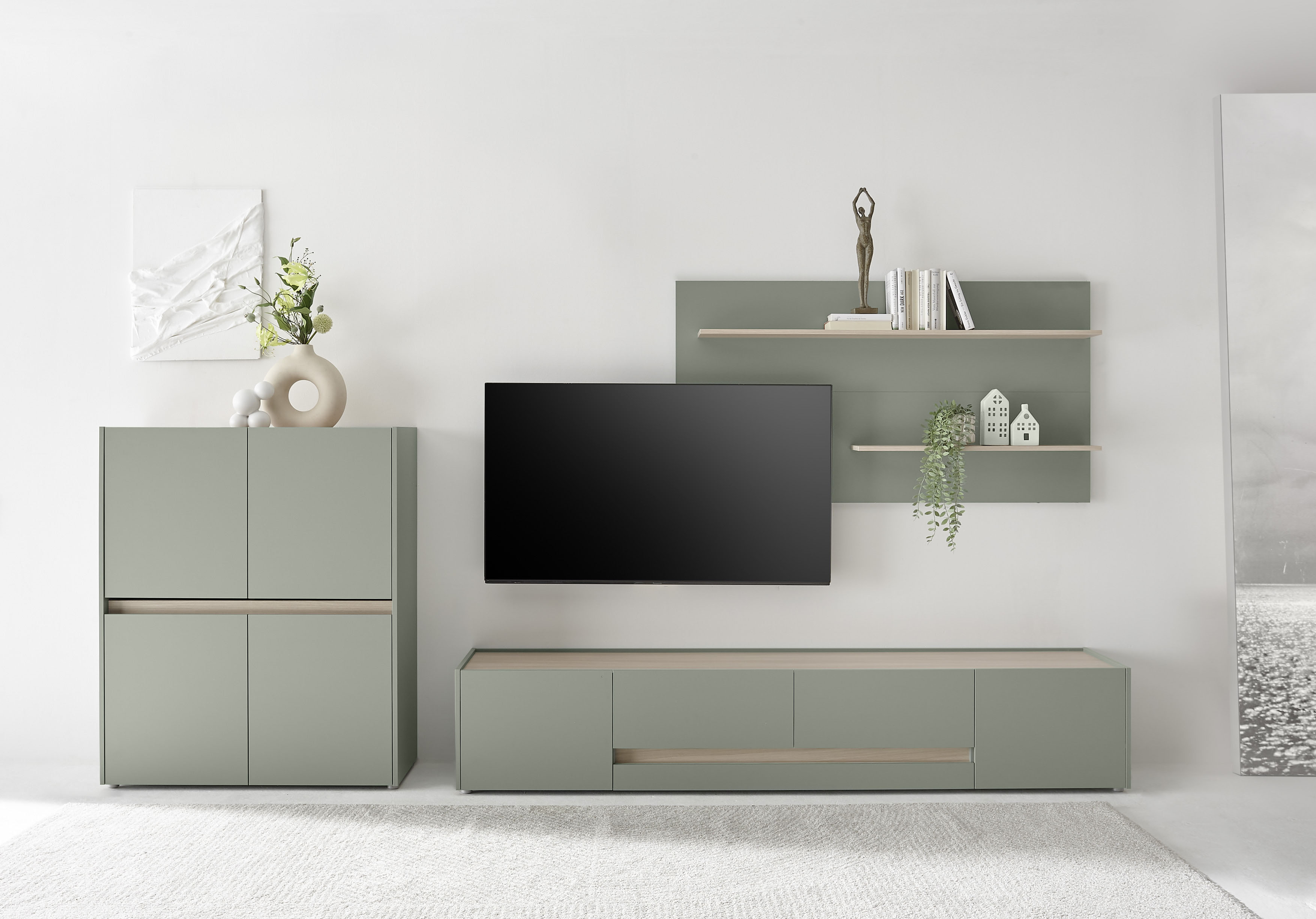 Wohnwand INOSIGN "City/Giron, moderne Anbauwand, Komplettset in vielen Farben verfügbar", grün aloe, B:360cm H:180cm T:45cm, Holzwerkstoff, Kastenmöbel-Sets, Wohnwand, enthält ein Lowboard, ein Highboard & ein Wandboard