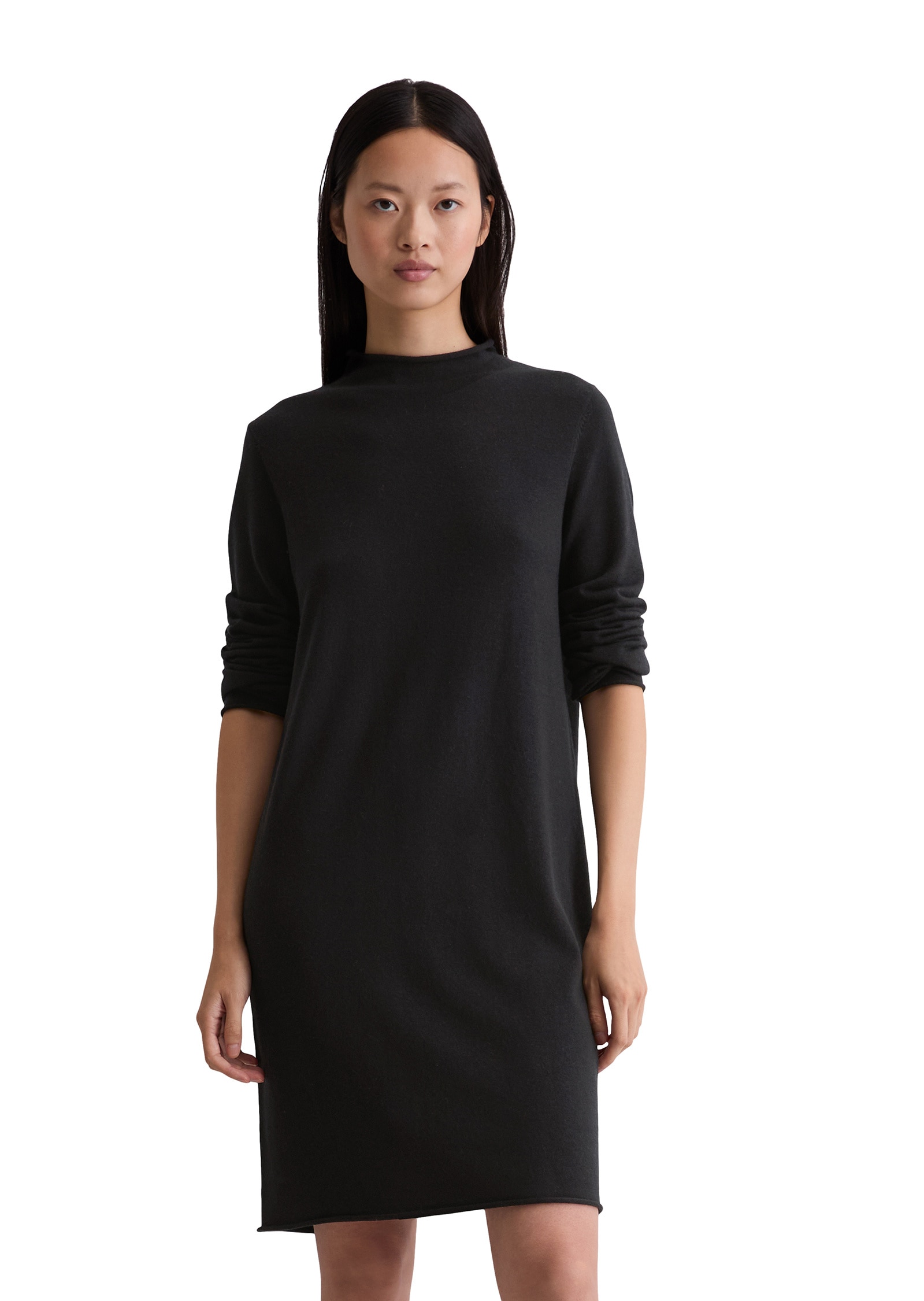 Strickkleid MARC O'POLO "aus edlem Schurwolle-Viskose-Mix", Damen, Gr. 44, Normalgrößen, schwarz, Obermaterial: 37% Polyamid, 34% Schurwolle, 25% Viskose, 4% Elasthan, unifarben, regular fit knielang, Rollkante, Kleider Strickkleid