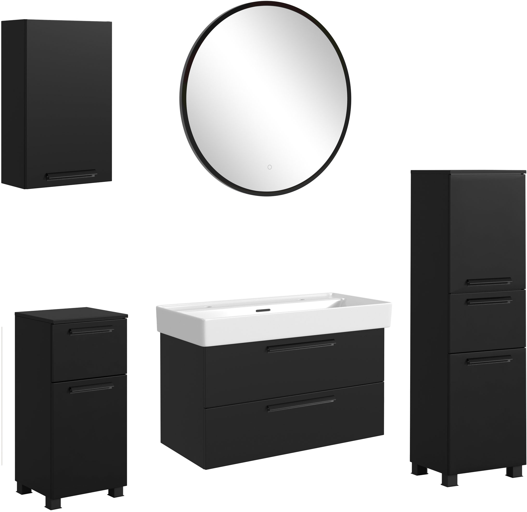 Badmöbel-Set WELLTIME "SALVADA, 5tlg-Set, gedämpfte Scharniere, Softclose, Keramikbecken", schwarz, B:180cm H:200cm T:47,5cm, MDF, Kastenmöbel-Sets, Schwarz, Keramikbecken 1 od. 2 Armaturlochbohrungen Image