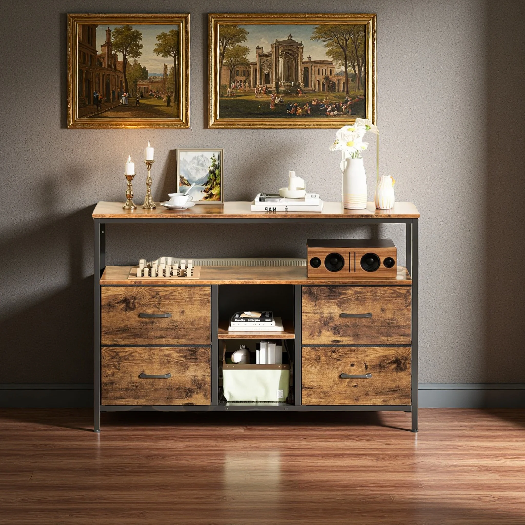 Rosahqnda Meuble TV avec 4 tiroirs, meuble TV, étagères réglables, table TV, meuble TV meuble de salon