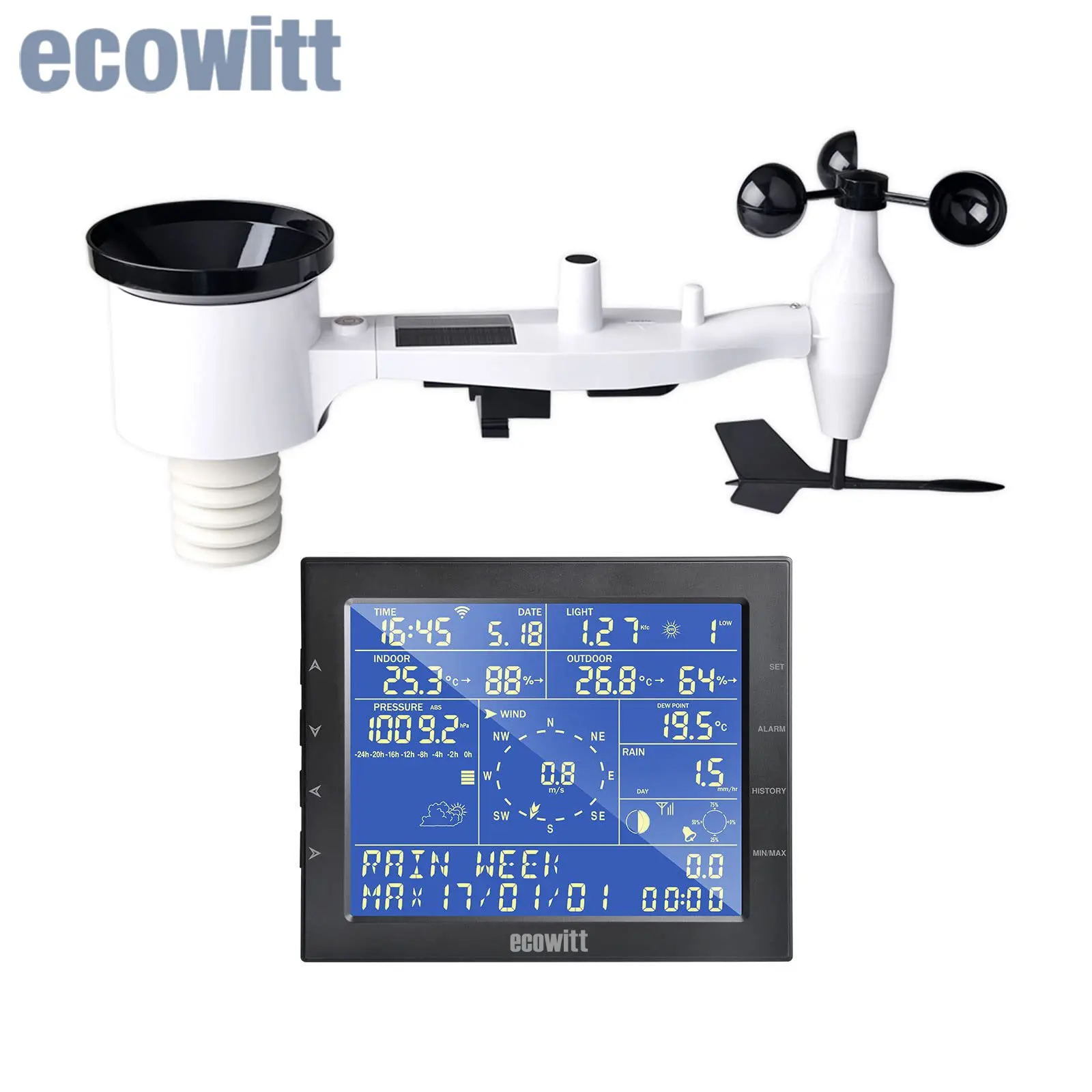 Station météo Wi-Fi Ecowitt WS2320 avec capteur météo sans fil extérieur alimenté par énergie solaire 7-en-1 et écran LCD