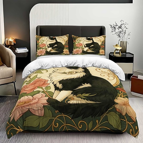 elegantes 3-teiliges Daunenbettbezug-Set mit Katzenblumenmuster für Queensize-Betten, weicher Bettbezug mit 2 Kissenbezügen – Hotel Gästezimmerbettwäsche, gemütlich komfortabel Image