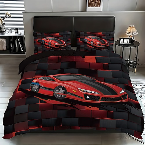 Hübsches 3-teiliges Daunenbettbezug-Set mit Rennsport-Print für große Betten, weicher, kurzer, flauschiger Bettbezug mit 2 Kissenbezügen – Hotelbettwäsche, gemütlich komfortabel Image