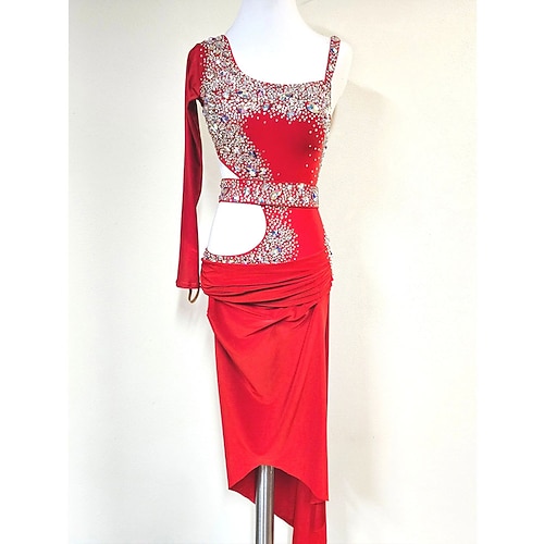 Damen Latein Tanzkleid rot asymmetrisch Strass Ausschnitt ein Ärmel sexy Samba Cha Cha Rumba Wettkampf Performance Kostüm Image