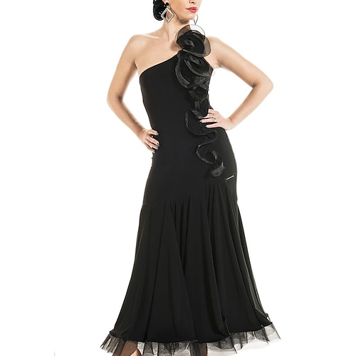 Damen-Tanzkleid für Gesellschaftstanz, One-Shoulder-Tanzkleid mit Rüschen, Latein, Tango, Walzer, Wettkampfkleid, eleganter, fließender Rock – Schwarz Image