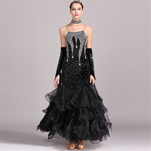 Damen-Ballsaal-Tanzkleid, smaragdgrün, Strass, Samt, Netz, Organza, mehrlagig, Tango, Walzer, Foxtrott, Wettkampf-Performance-Kleid Image