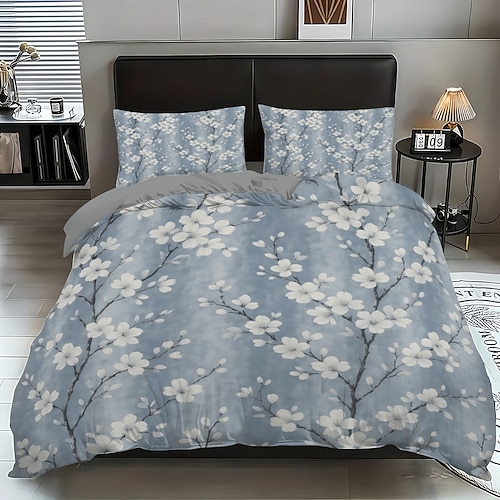 3-teiliges Daunenbettbezug-Set mit frischem Kirschblüten-Blumenmuster für Queensize-Betten, weicher Bettbezug mit 2 Kissenbezügen – Hotel Gästezimmerbettwäsche, gemütlich komfortabel Image