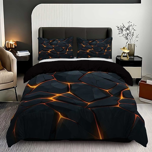 3-teiliges Daunenbettbezug-Set mit gelbem, fluoreszierendem Steindruck für Queensize-Betten, weicher, kurzer Plüsch-Bettbezug mit 2 Kissenbezügen – gemütliche Bettwäsche für Hotelzimmer komfortabel Image
