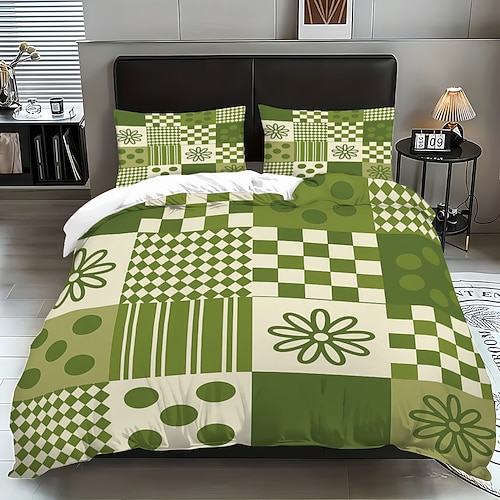 3-teiliges Daunenbettbezug-Set mit grünem Karomuster und Blumenmuster für Queensize-Betten, weicher Bettbezug mit 2 Kissenbezügen – Hotel Gästezimmerbettwäsche, gemütlich komfortabel Image