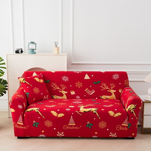 Sofabezug mit Weihnachtsdruck, staubdicht, allmächtig, Schonbezüge, Stretch-Sofabezug, superweicher Stoff, Couchbezug mit einem kostenlosen Booster-Bezug (Sessel/Zweisitzer/3-Sitzer/4-Sitzer) Image