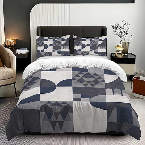 3-teiliges Daunenbettbezug-Set mit abstrakter Geometrie für große Betten, weicher, kurzer, flauschiger Bettbezug mit 2 Kissenbezügen – gemütliche Bettwäsche für Hotelzimmer komfortabel Image