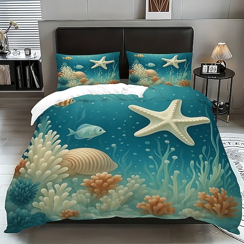 Unterwasserwelt Seestern 3-teiliges Daunenbettbezug-Set mit Oktopus-Motiv für Queensize-Betten, weicher Bettbezug mit 2 Kissenbezügen – Hotel Gästezimmerbettwäsche, gemütlich komfortabel Image