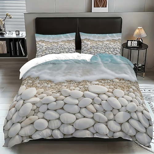 3-teiliges Daunenbettbezug-Set mit Strandkiesel-Print für Queensize-Betten, weicher Bettbezug mit 2 Kissenbezügen – Hotel Gästezimmerbettwäsche, gemütlich komfortabel Image