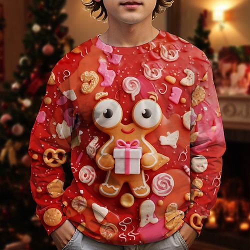 Weihnachten Jungen 3D Grafik Lebkuchenmänner T-Shirt Langarm Frühling Herbst Mode Basic Kinder 4-12 Jahre Rundhalsausschnitt Outdoor Lässig Täglich Normale Passform Image